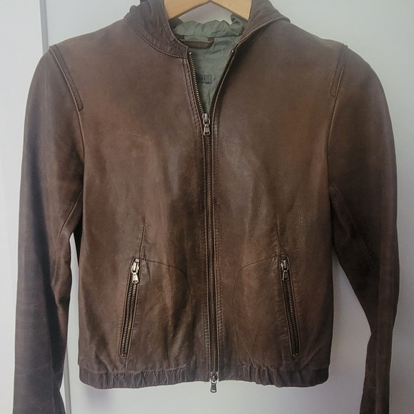 M0851 Jackets & Blazers - M0851 Brown Leather Hooded Jacket